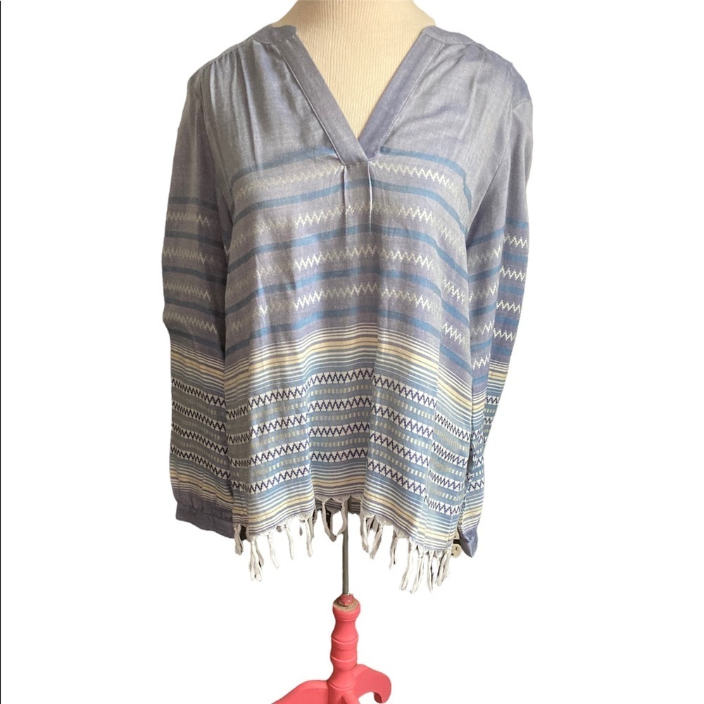 Dylan long sleeved Boho top with tie fringe. Size small. Denim blue/silver/gold - Picture 2 of 6